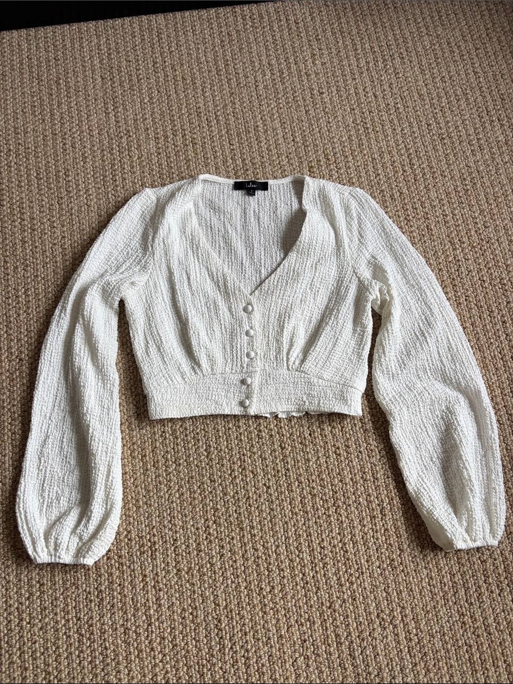Lulu's Ivory Cropped Textured Long-Sleeve Top with Pearl Buttons